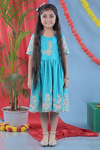 Peacock Green Satin Silk Floral Embroidered Dress For Girls by LITTLE BRATS