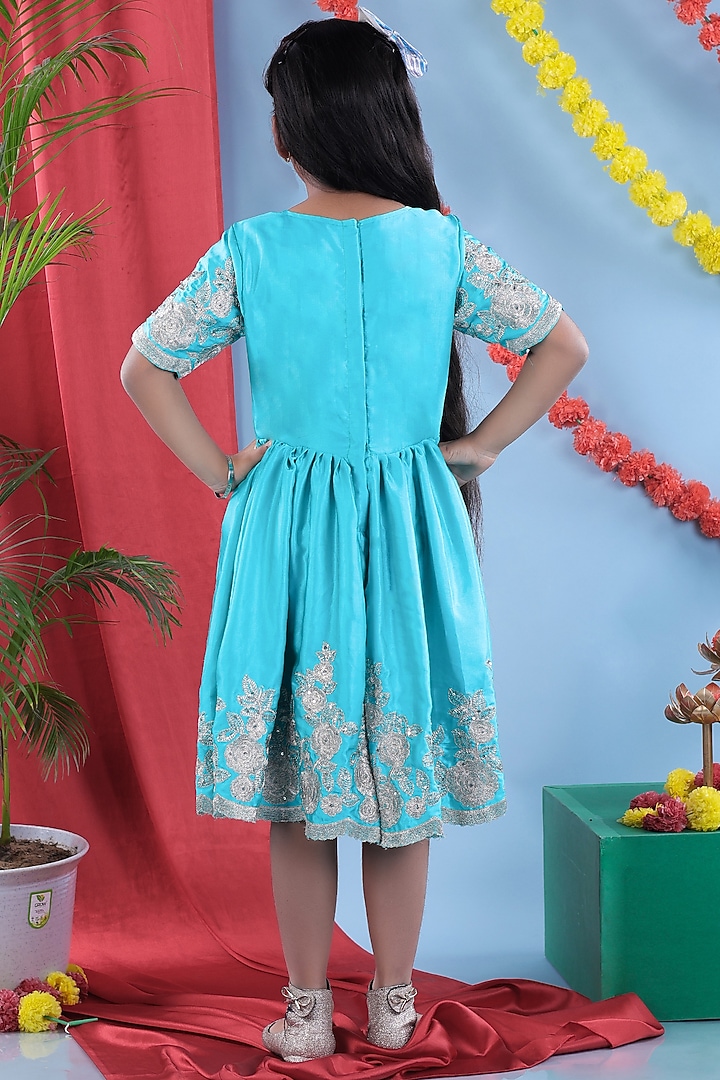 Peacock Green Satin Silk Floral Embroidered Dress For Girls by LITTLE BRATS at Pernia's Pop Up Shop