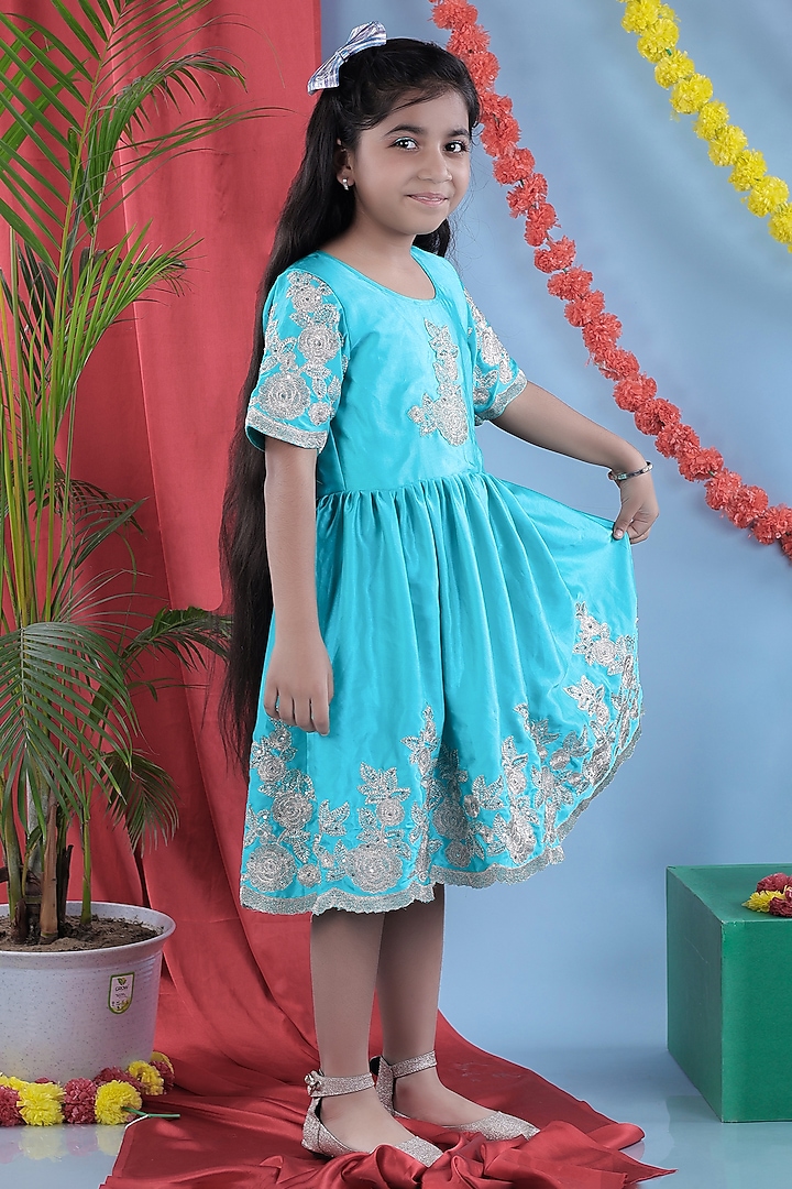 Peacock Green Satin Silk Floral Embroidered Dress For Girls by LITTLE BRATS at Pernia's Pop Up Shop