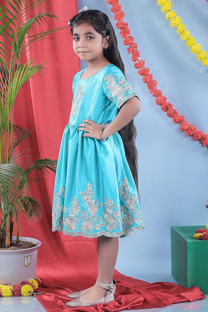 Peacock Green Satin Silk Floral Embroidered Dress For Girls by LITTLE BRATS at Pernia's Pop Up Shop
