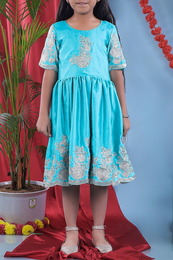 Peacock Green Satin Silk Floral Embroidered Dress For Girls by LITTLE BRATS at Pernia's Pop Up Shop