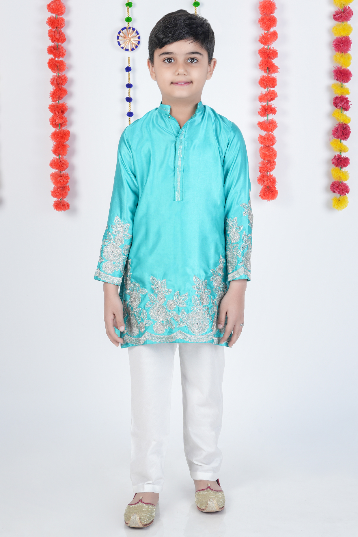 Peacock Green Satin Silk & Cotton Silk Floral Embroidered Kurta Set For Boys by LITTLE BRATS