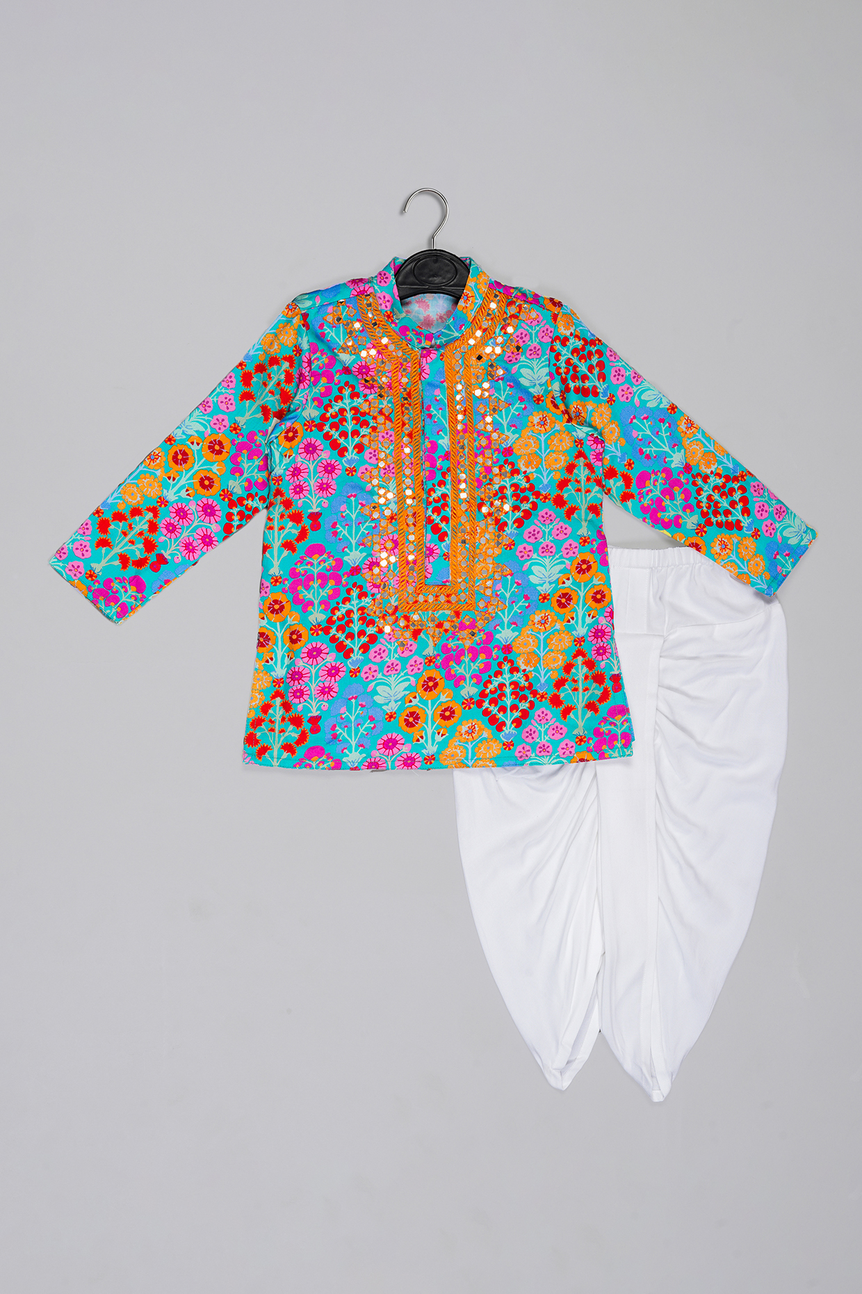 Blue Cotton Silk Floral Printed & Mirror Embroidered Kurta Set For Boys by LITTLE BRATS