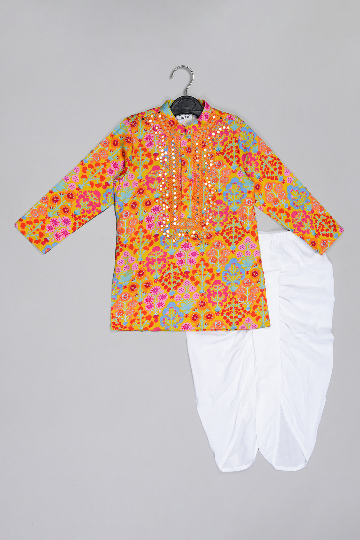 Mustard Cotton Silk Floral Printed & Mirror Embroidered Kurta Set For Boys by LITTLE BRATS