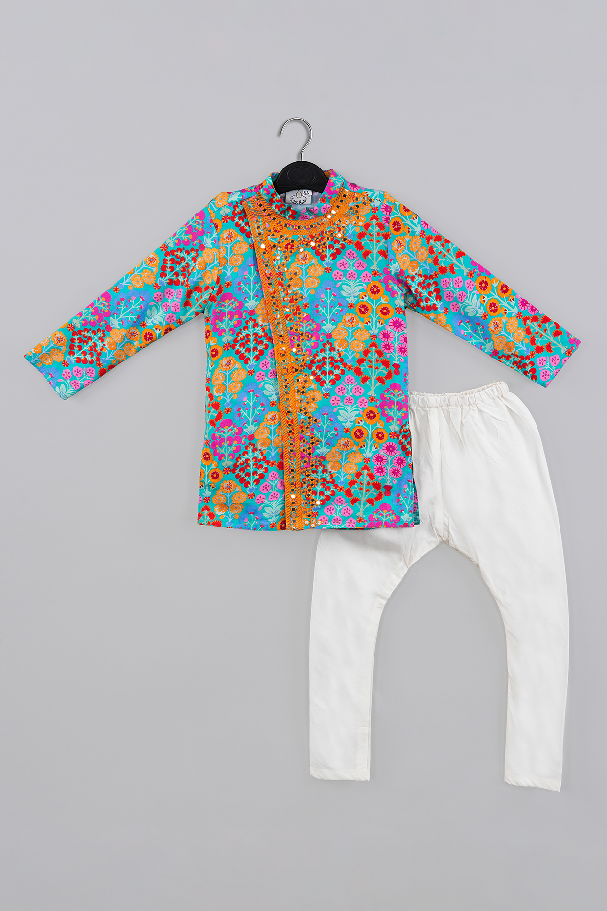 Blue Cotton Silk Floral Printed & Mirror Embroidered Kurta Set For Boys by LITTLE BRATS