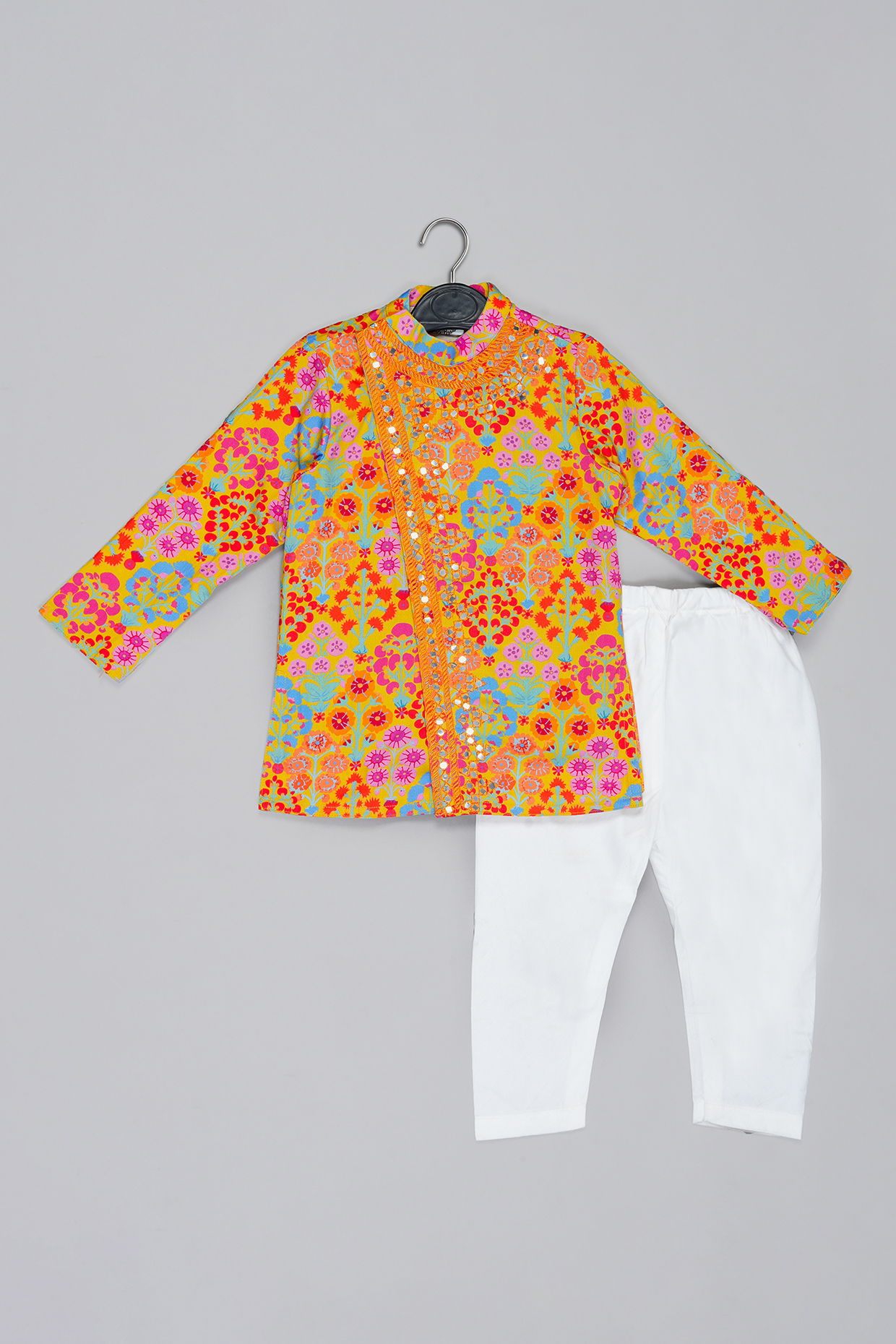 Mustard Cotton Silk Floral Printed & Mirror Embroidered Kurta Set For Boys by LITTLE BRATS