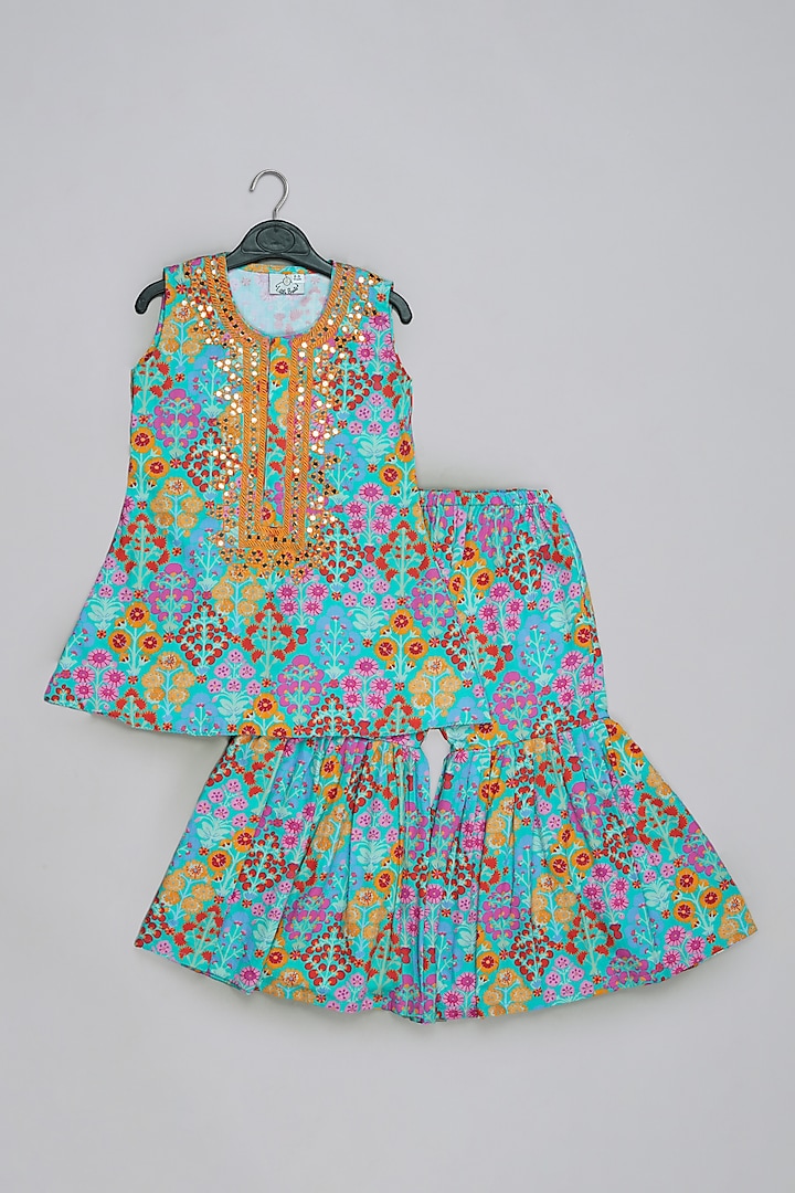 Blue Cotton Silk Floral Printed Sharara Set For Girls by LITTLE BRATS at Pernia's Pop Up Shop