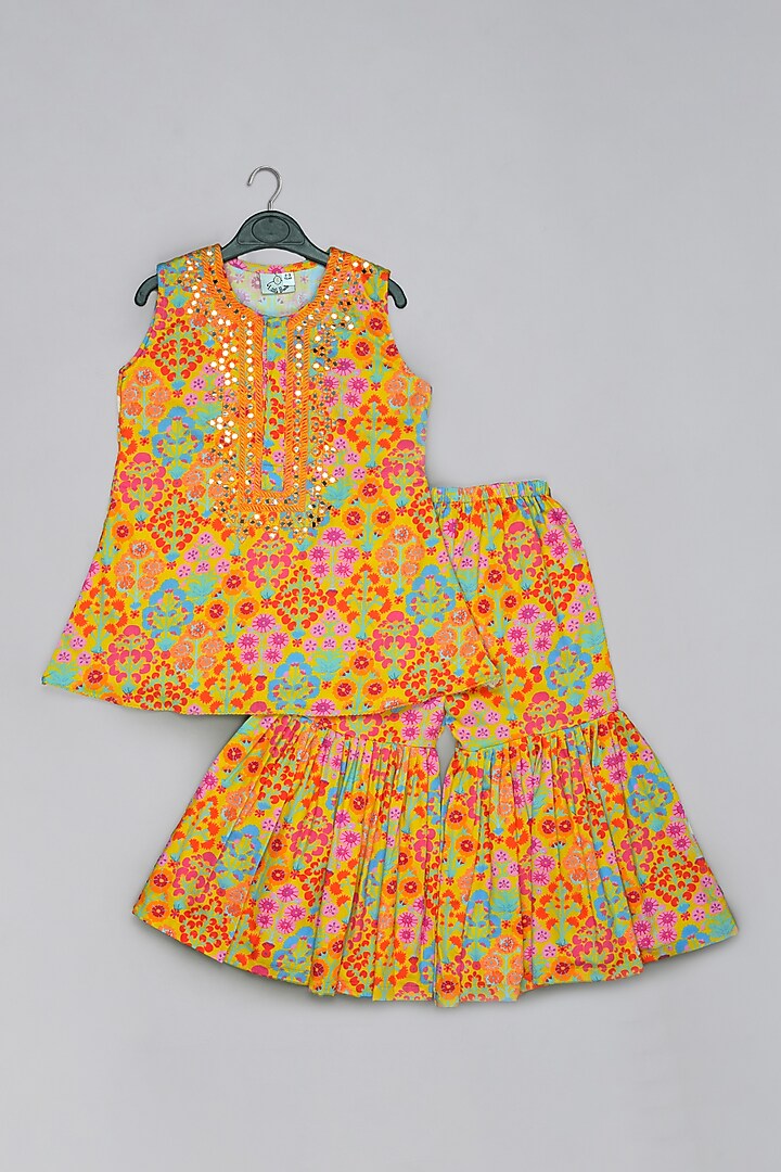 Mustard Cotton Silk Floral Printed Sharara Set For Girls by LITTLE BRATS at Pernia's Pop Up Shop