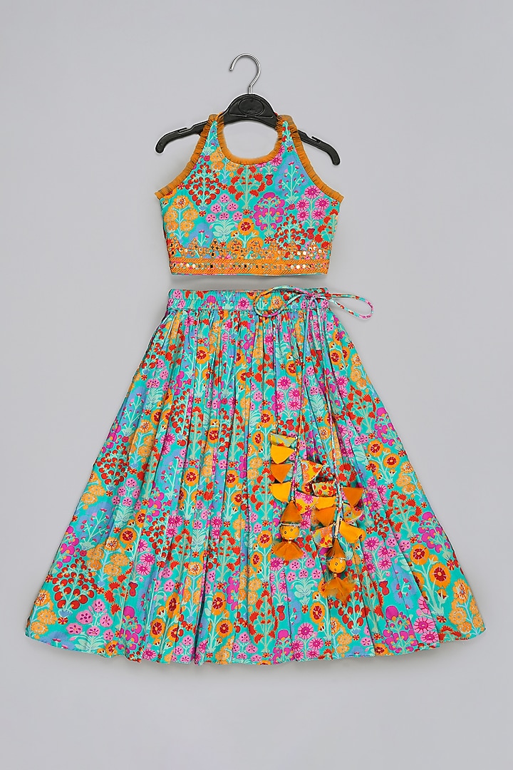 Blue Cotton Silk Floral Printed Lehenga Set For Girls by LITTLE BRATS at Pernia's Pop Up Shop