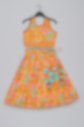 Mustard Cotton Silk Floral Printed Lehenga Set For Girls by LITTLE BRATS at Pernia's Pop Up Shop