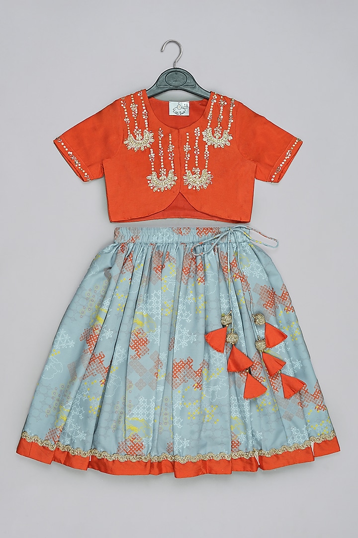 Grey Cotton Silk Printed Lehenga Set For Girls by LITTLE BRATS at Pernia's Pop Up Shop