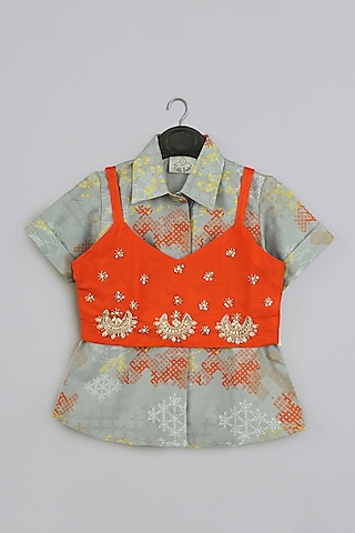 Grey Cotton Silk Geometrical Printed Pant Set For Girls by LITTLE BRATS