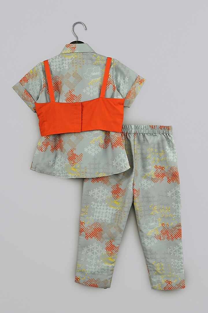 Grey Cotton Silk Geometrical Printed Pant Set For Girls by LITTLE BRATS at Pernia's Pop Up Shop