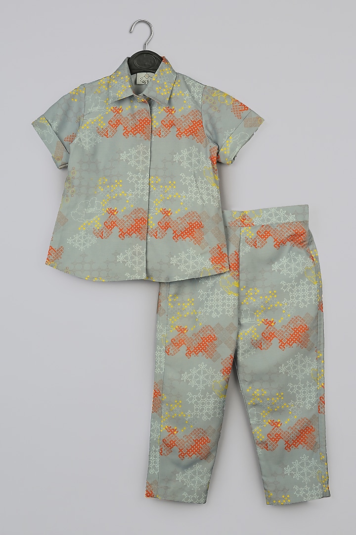 Grey Cotton Silk Geometrical Printed Pant Set For Girls by LITTLE BRATS at Pernia's Pop Up Shop