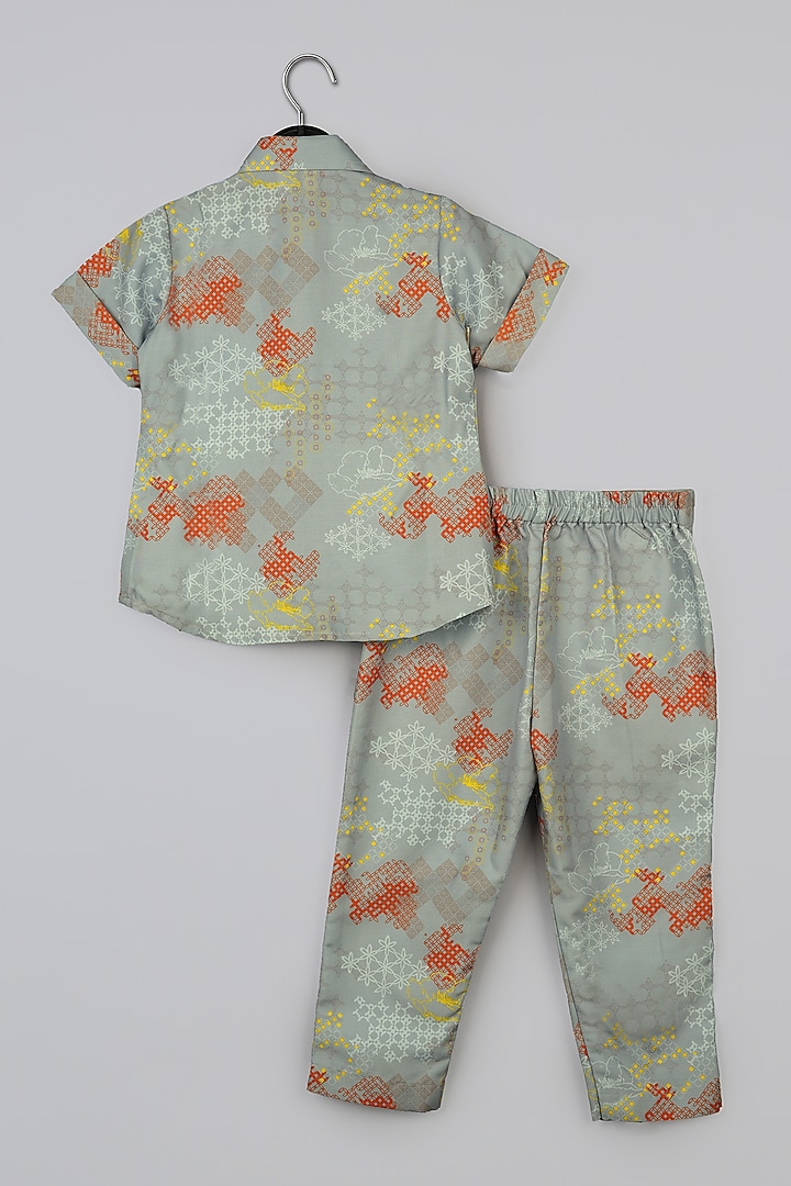 Grey Cotton Silk Geometrical Printed Pant Set For Girls by LITTLE BRATS at Pernia's Pop Up Shop
