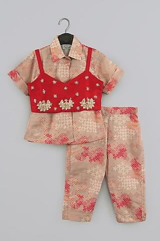 Beige Cotton Silk Geometrical Printed Pant Set For Girls by LITTLE BRATS