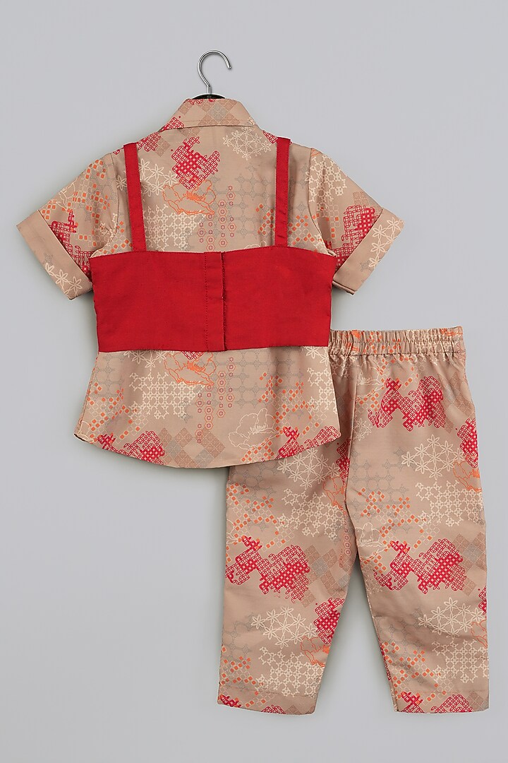 Beige Cotton Silk Geometrical Printed Pant Set For Girls by LITTLE BRATS at Pernia's Pop Up Shop