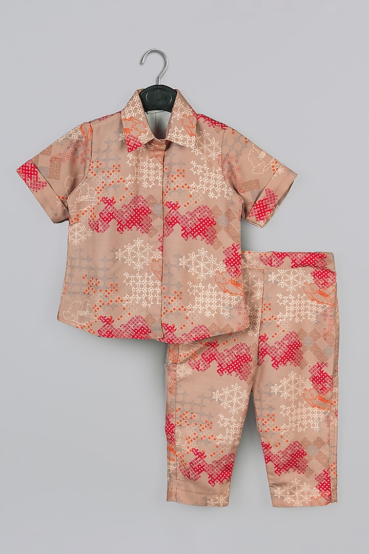 Beige Cotton Silk Geometrical Printed Pant Set For Girls by LITTLE BRATS at Pernia's Pop Up Shop