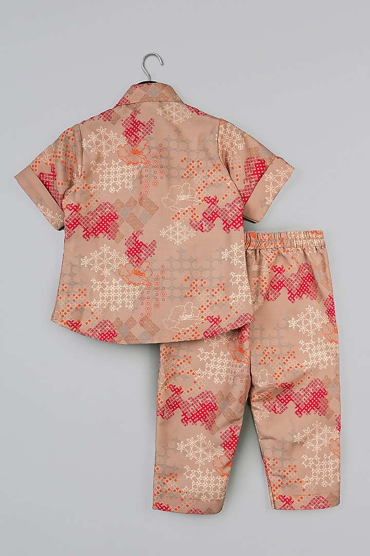 Beige Cotton Silk Geometrical Printed Pant Set For Girls by LITTLE BRATS at Pernia's Pop Up Shop