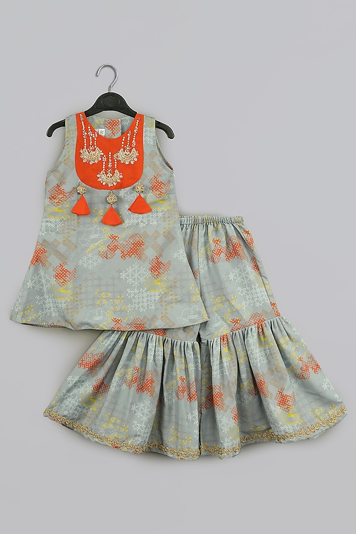 Grey Cotton Silk Printed Sharara Set For Girls by LITTLE BRATS at Pernia's Pop Up Shop
