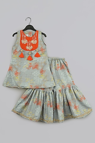 Grey Cotton Silk Printed Sharara Set For Girls by LITTLE BRATS