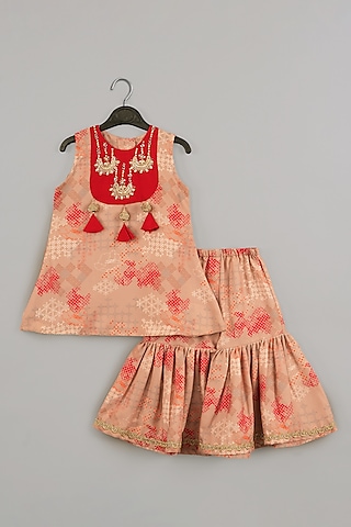 Beige Cotton Silk Printed Sharara Set For Girls by LITTLE BRATS