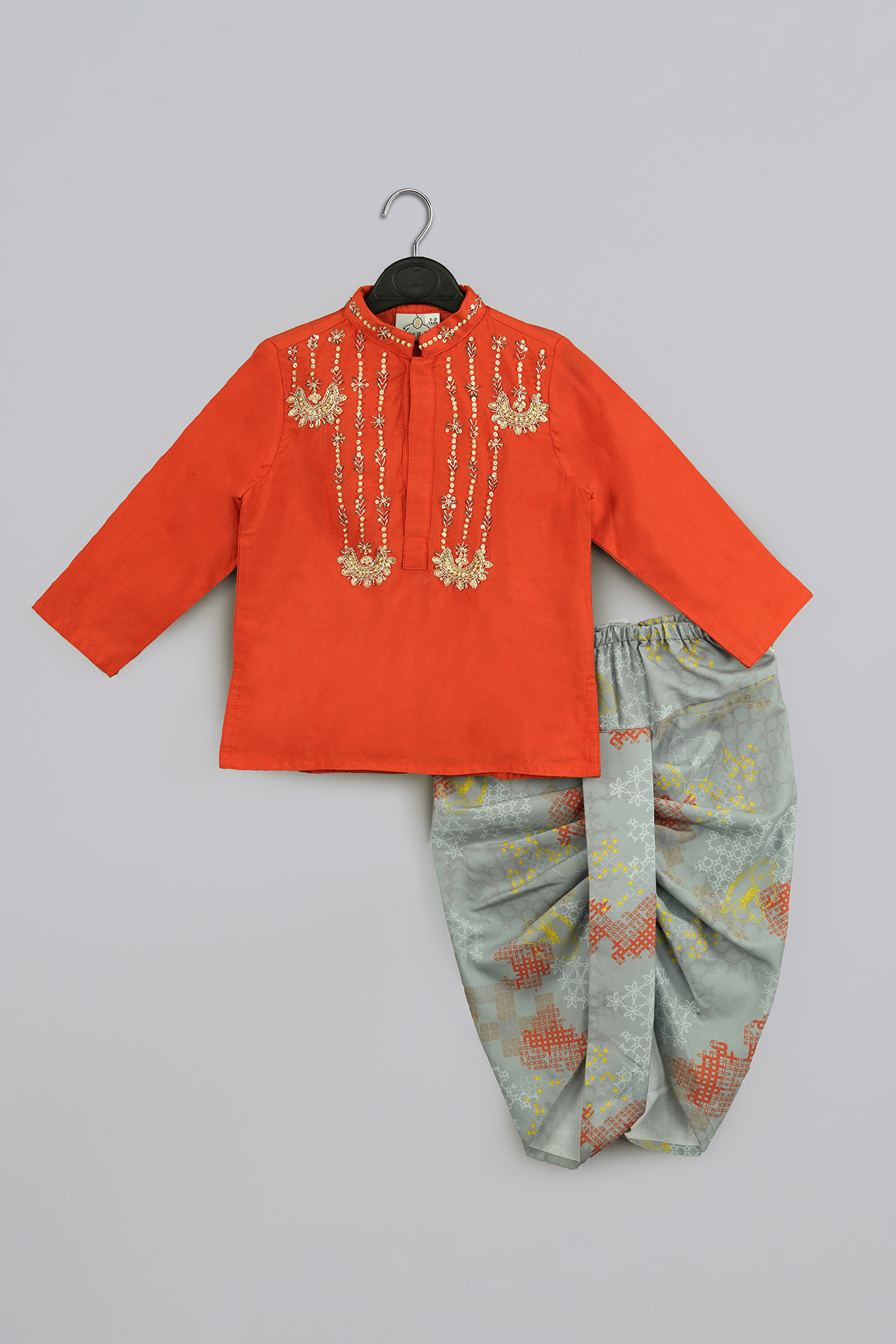 Orange Cotton Silk Embroidered Kurta Set For Boys by LITTLE BRATS