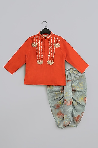 Orange Cotton Silk Embroidered Kurta Set For Boys by LITTLE BRATS