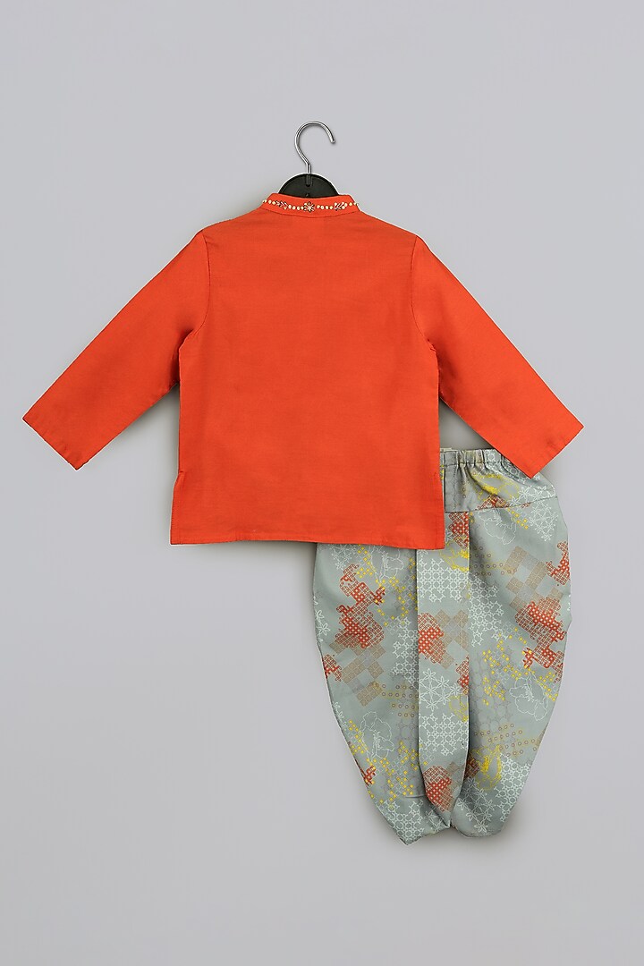 Orange Cotton Silk Embroidered Kurta Set For Boys by LITTLE BRATS at Pernia's Pop Up Shop
