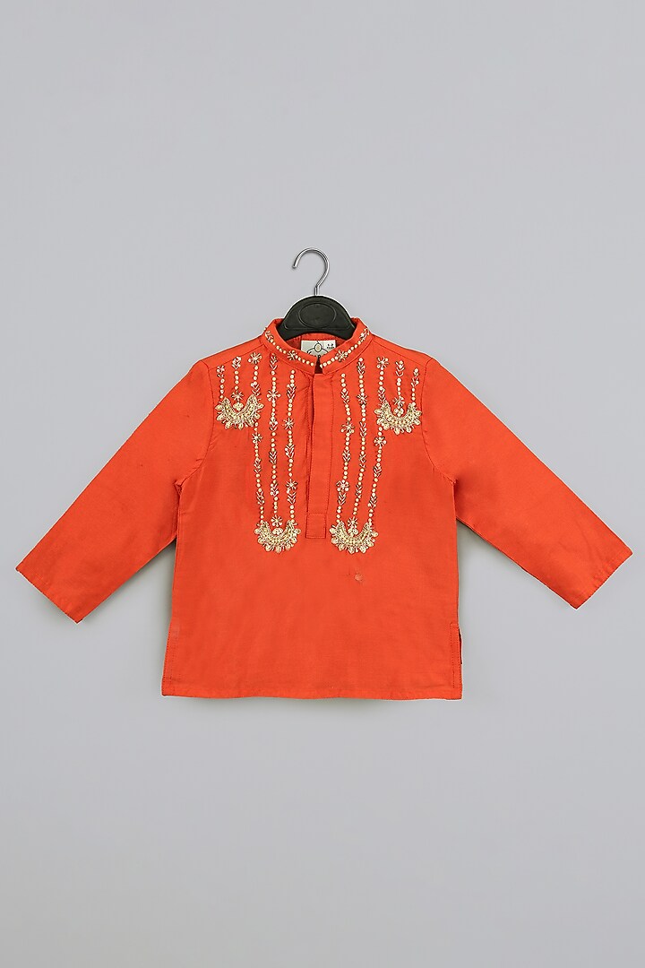 Orange Cotton Silk Embroidered Kurta Set For Boys by LITTLE BRATS at Pernia's Pop Up Shop