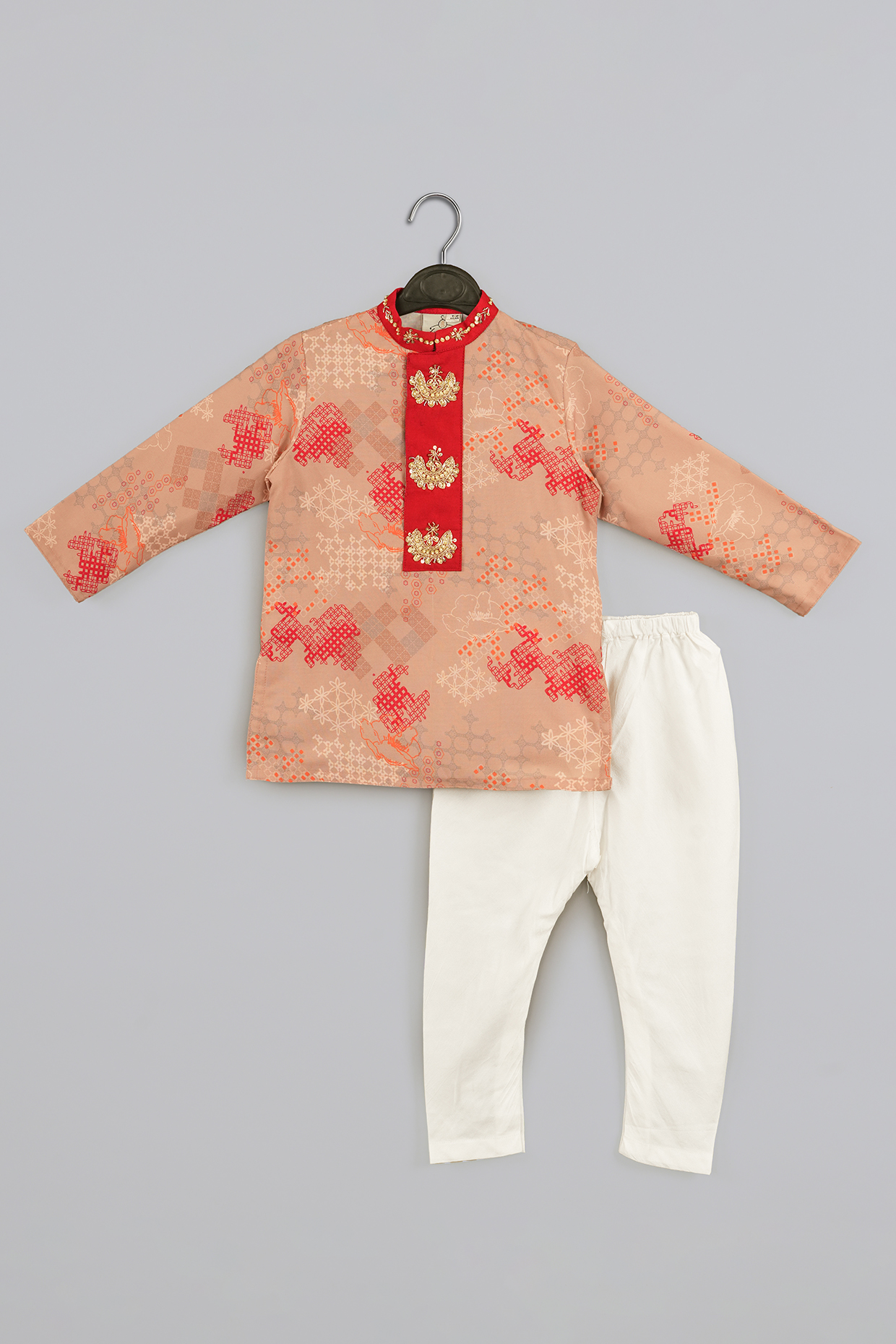 Beige Cotton Silk Embroidered & Printed Kurta Set For Boys by LITTLE BRATS