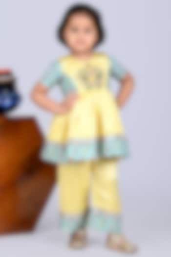 Yellow & Aqua Blue Modal Satin Hand Embroidered Kurta Set For Girls by LITTLE BRATS at Pernia's Pop Up Shop