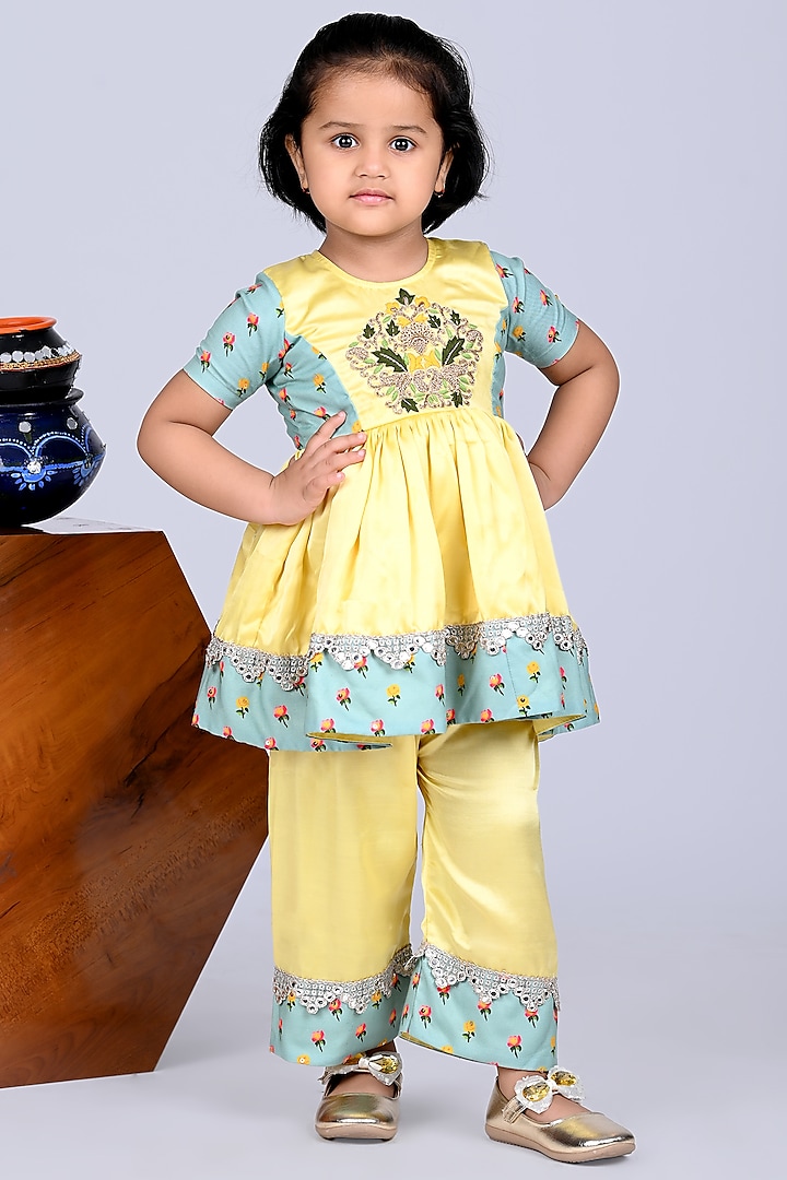 Yellow & Aqua Blue Modal Satin Hand Embroidered Kurta Set For Girls by LITTLE BRATS at Pernia's Pop Up Shop