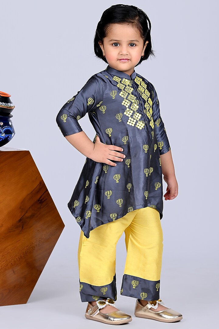 Grey Modal Satin Printed & Embroidered Kurta Set For Girls by LITTLE BRATS at Pernia's Pop Up Shop