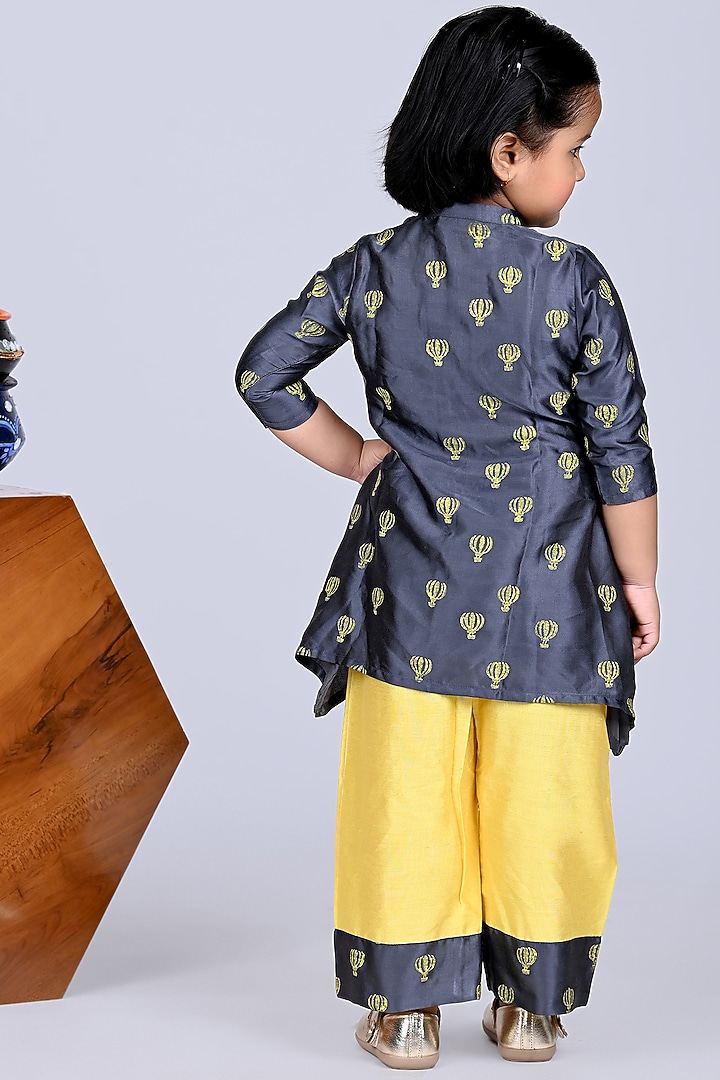 Grey Modal Satin Printed & Embroidered Kurta Set For Girls by LITTLE BRATS at Pernia's Pop Up Shop
