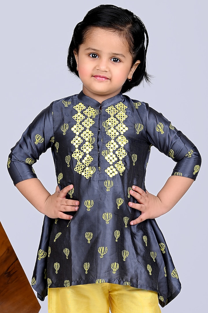 Grey Modal Satin Printed & Embroidered Kurta Set For Girls by LITTLE BRATS at Pernia's Pop Up Shop
