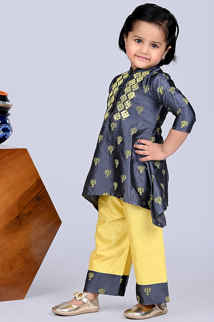 Grey Modal Satin Printed & Embroidered Kurta Set For Girls by LITTLE BRATS at Pernia's Pop Up Shop