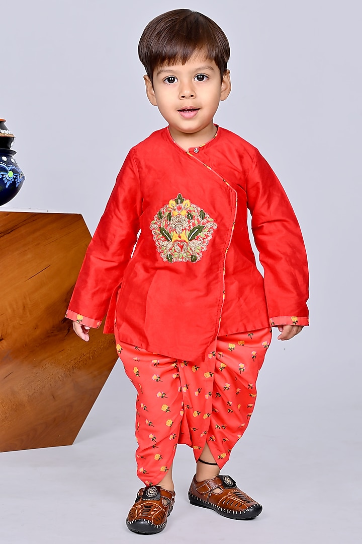 Red Soft Cotton Printed Dhoti Set For Boys by LITTLE BRATS
