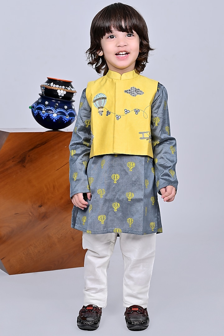 Yellow Cotton Silk Embroidered Bundi Jacket With Kurta Set For Boys by LITTLE BRATS