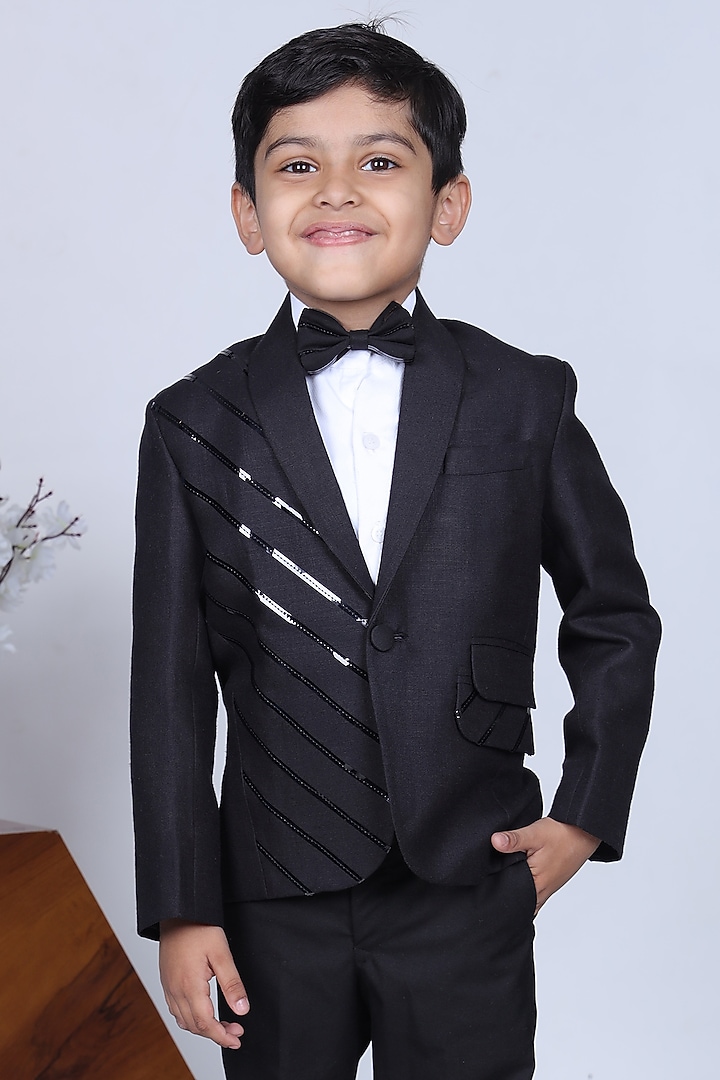 Black Viscose Blend & Cotton Blend Tuxedo Set For Boys by LITTLE BRATS at Pernia's Pop Up Shop