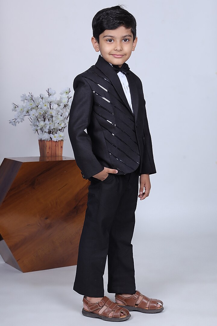 Black Viscose Blend & Cotton Blend Tuxedo Set For Boys by LITTLE BRATS at Pernia's Pop Up Shop