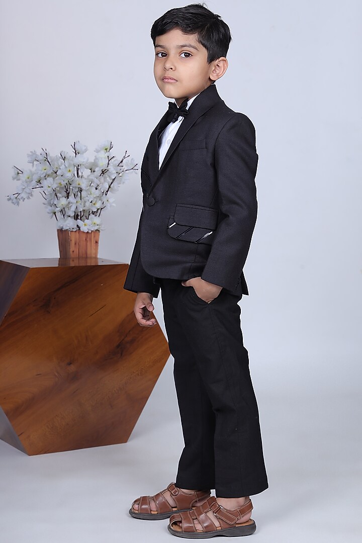 Black Viscose Blend & Cotton Blend Tuxedo Set For Boys by LITTLE BRATS at Pernia's Pop Up Shop