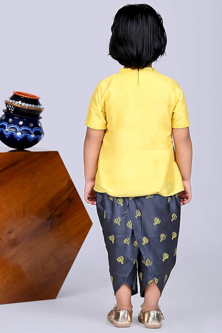 Grey Cotton Silk & Modal Satin Silk Printed Dhoti Set For Girls by LITTLE BRATS at Pernia's Pop Up Shop