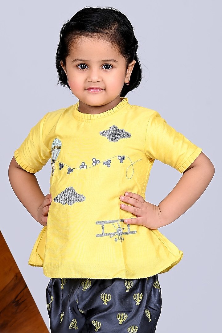 Grey Cotton Silk & Modal Satin Silk Printed Dhoti Set For Girls by LITTLE BRATS at Pernia's Pop Up Shop