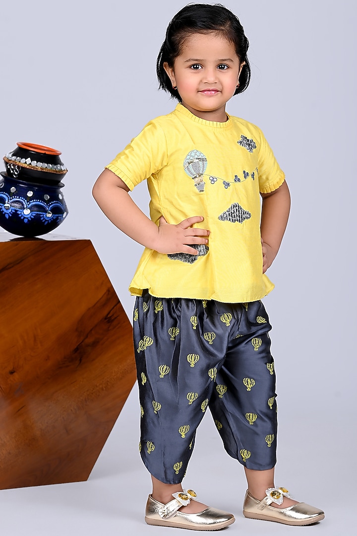 Grey Cotton Silk & Modal Satin Silk Printed Dhoti Set For Girls by LITTLE BRATS at Pernia's Pop Up Shop