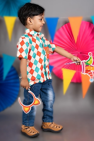 Beige Linen Satin Diamond Printed Shirt For Boys by LITTLE BRATS