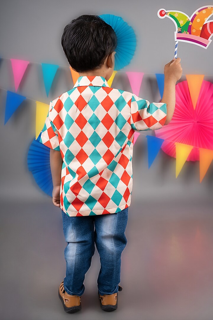 Beige Linen Satin Diamond Printed Shirt For Boys by LITTLE BRATS at Pernia's Pop Up Shop