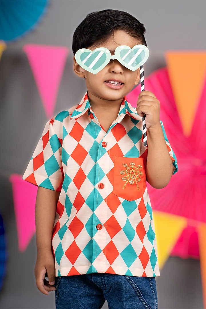 Beige Linen Satin Diamond Printed Shirt For Boys by LITTLE BRATS at Pernia's Pop Up Shop
