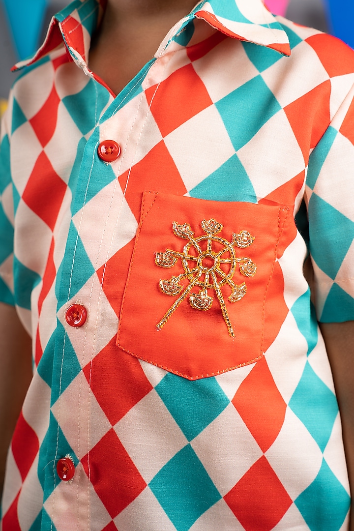 Beige Linen Satin Diamond Printed Shirt For Boys by LITTLE BRATS at Pernia's Pop Up Shop