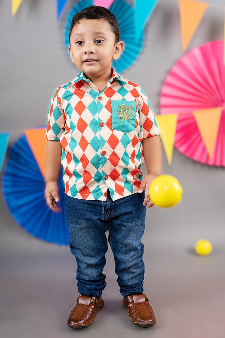 Beige Linen Satin Diamond Printed Shirt For Boys by LITTLE BRATS at Pernia's Pop Up Shop